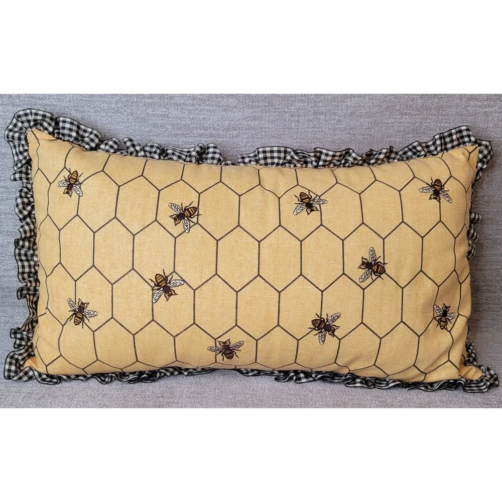Farmhouse Embroidered Bee Honeycomb Lumbar Throw Pillow Black Gingham Ruffle